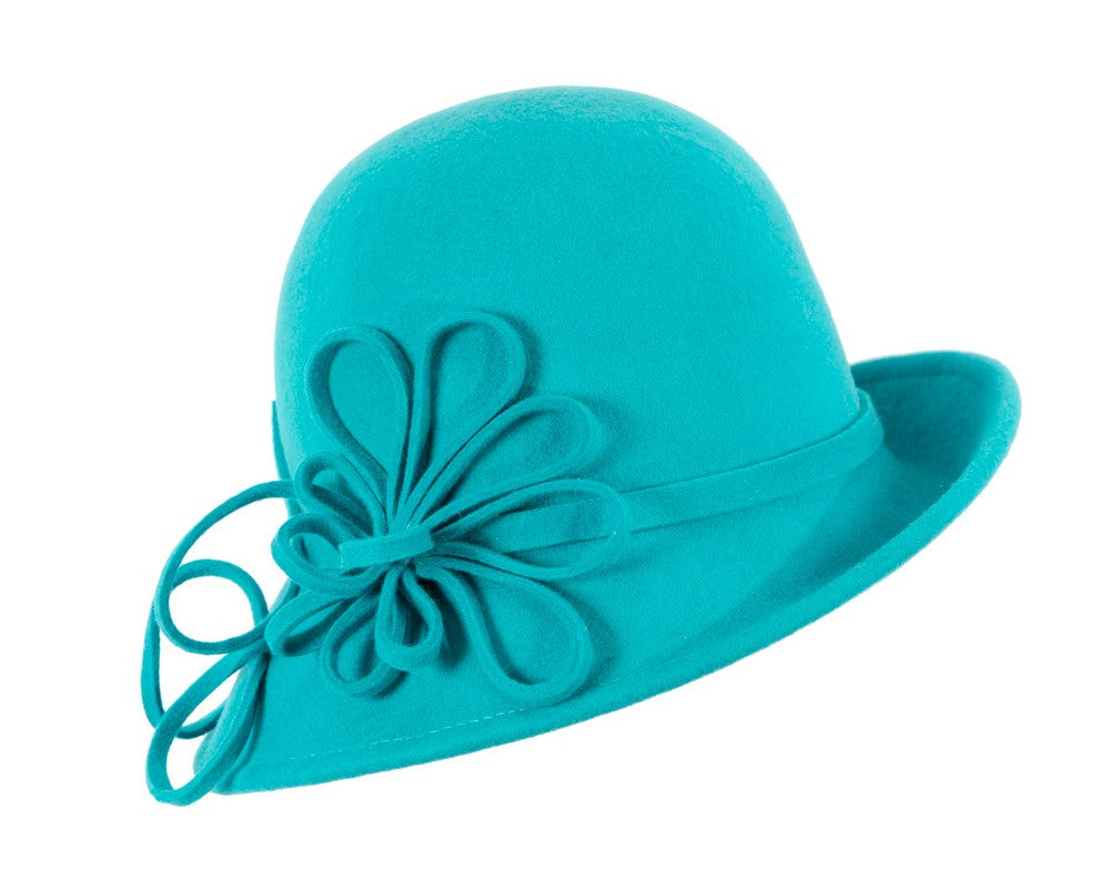 Turquoise felt winter hat with flower by Max Alexander-1