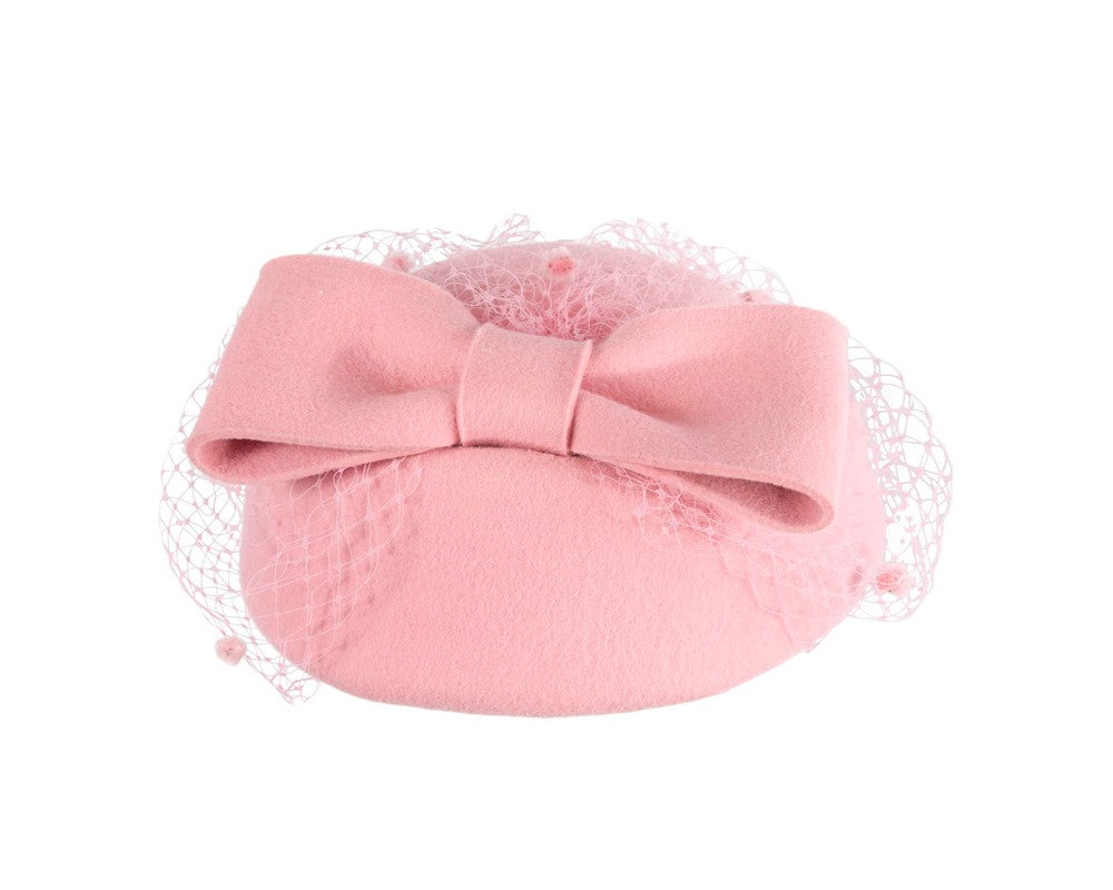 Pink felt pillbox hat with face veil by Max Alexander-5