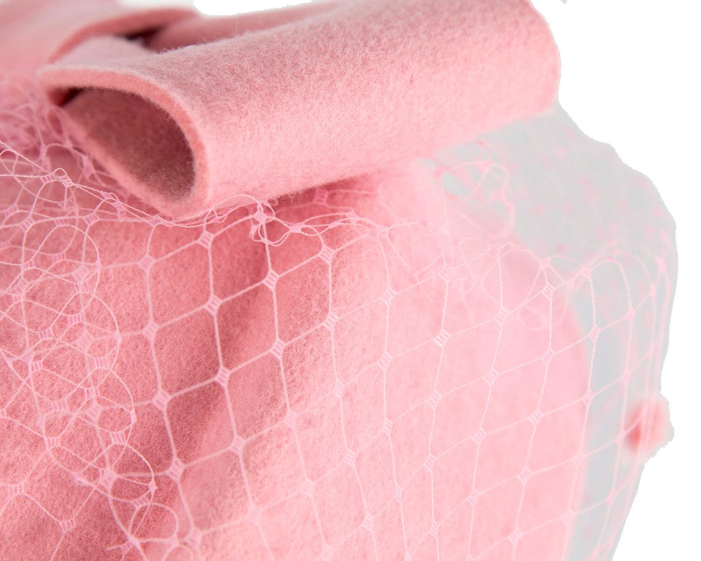 Pink felt pillbox hat with face veil by Max Alexander-4