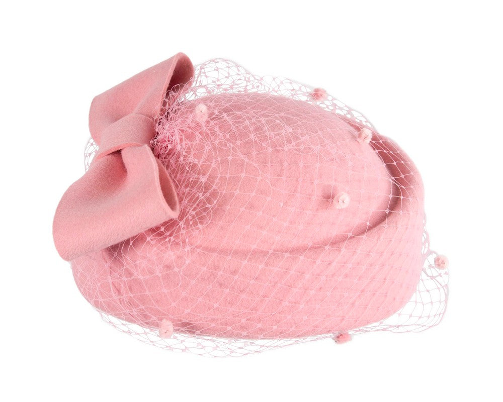 Pink felt pillbox hat with face veil by Max Alexander-3