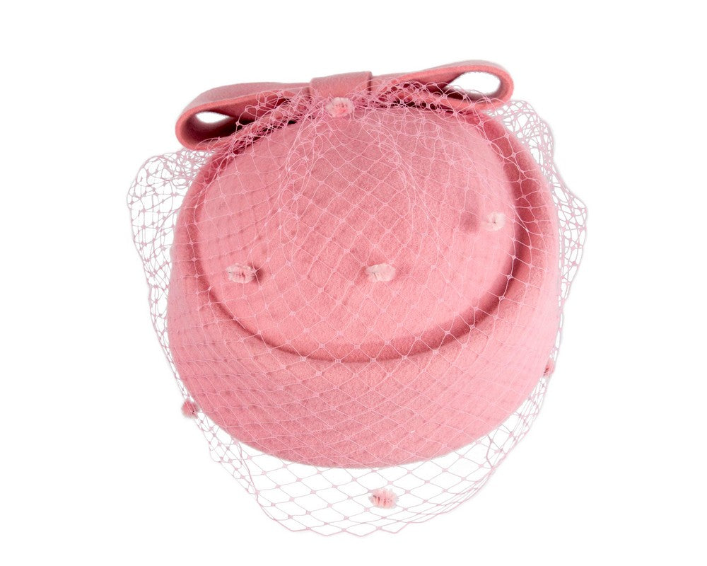 Pink felt pillbox hat with face veil by Max Alexander-2