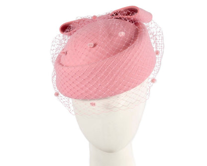 Pink felt pillbox hat with face veil by Max Alexander-0