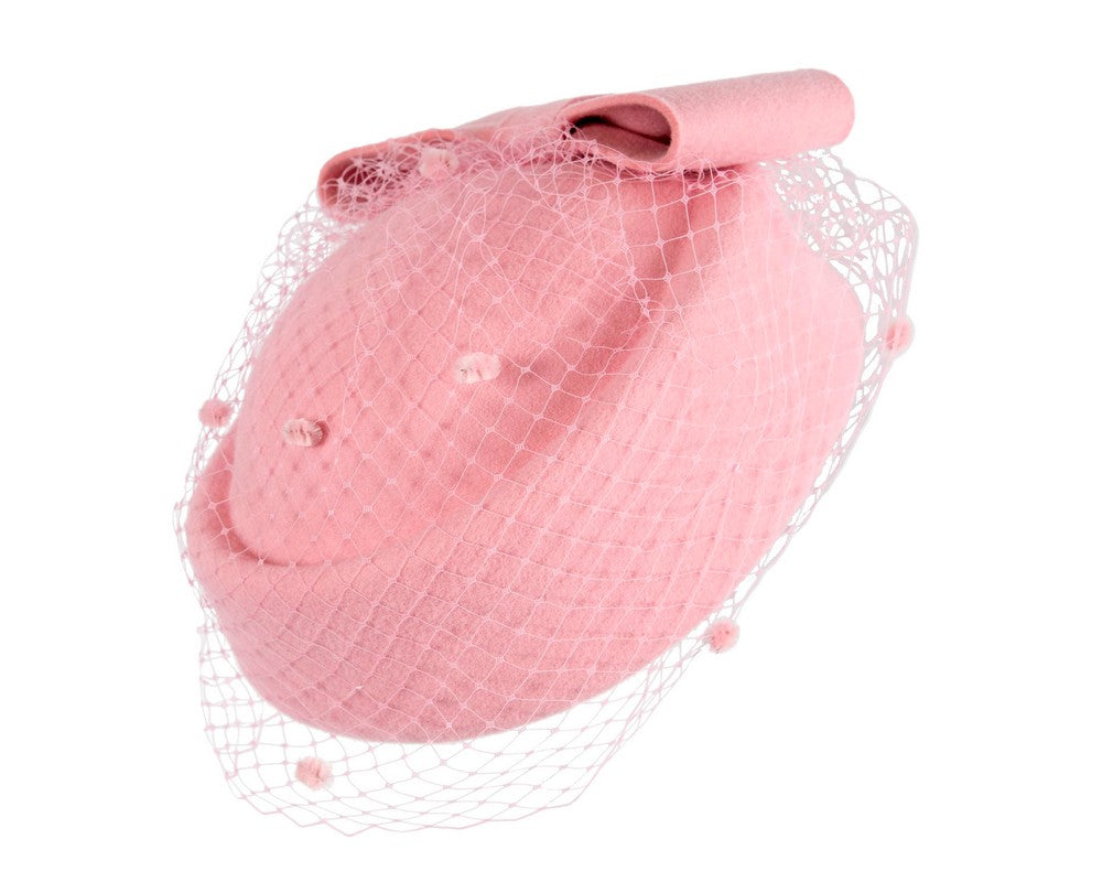 Pink felt pillbox hat with face veil by Max Alexander-1