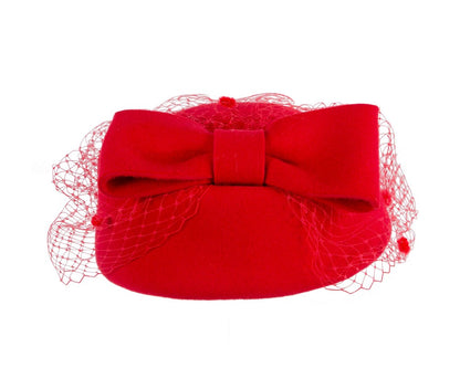 Red felt pillbox hat with face veil by Max Alexander-5