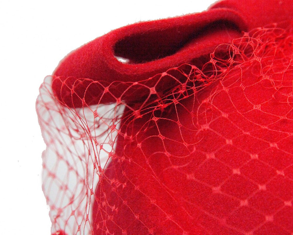 Red felt pillbox hat with face veil by Max Alexander-4