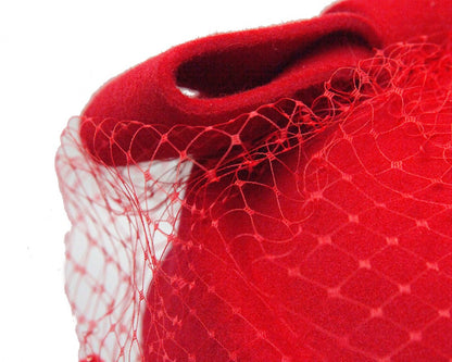 Red felt pillbox hat with face veil by Max Alexander-4
