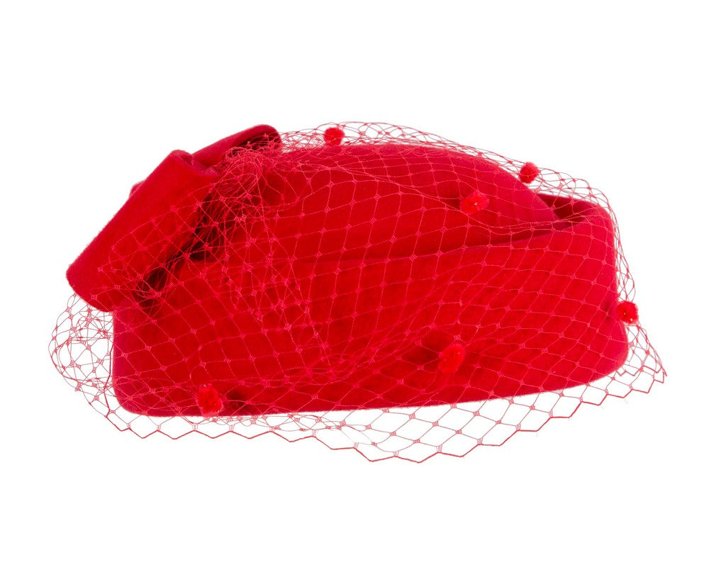 Red felt pillbox hat with face veil by Max Alexander-3