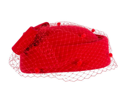 Red felt pillbox hat with face veil by Max Alexander-3