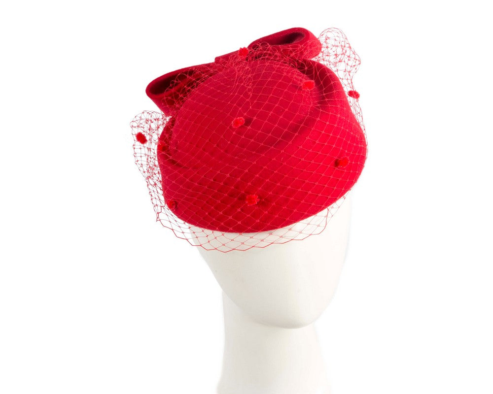 Red felt pillbox hat with face veil by Max Alexander-0