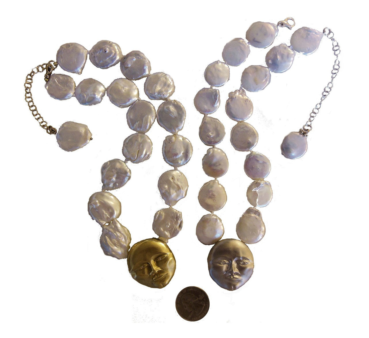 Sterling Silver Face, Diamond Eyes, Huge coin pearl necklace. Someone to Watch Over Me-Sun/ Moon Collection
