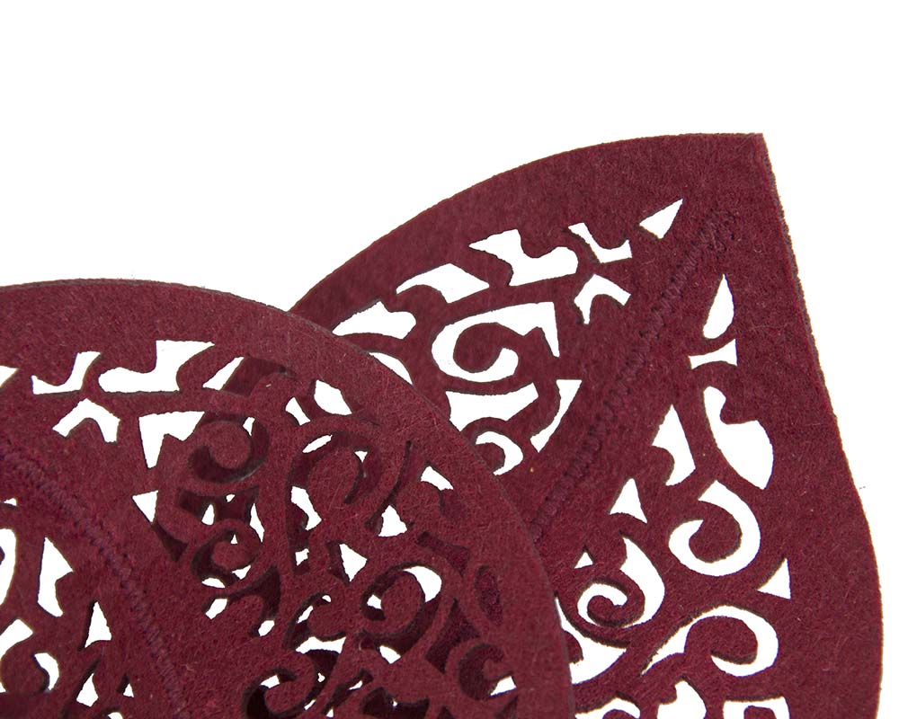 Modern burgundy wine racing fascinator by Max Alexander-2