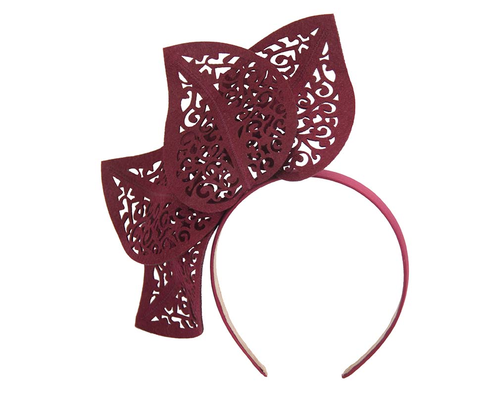 Modern burgundy wine racing fascinator by Max Alexander-1