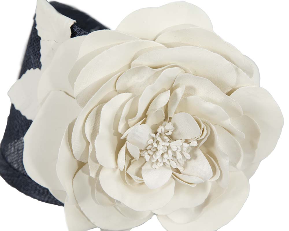 Wide navy and cream leather rose headband fascinator by Max Alexander-2