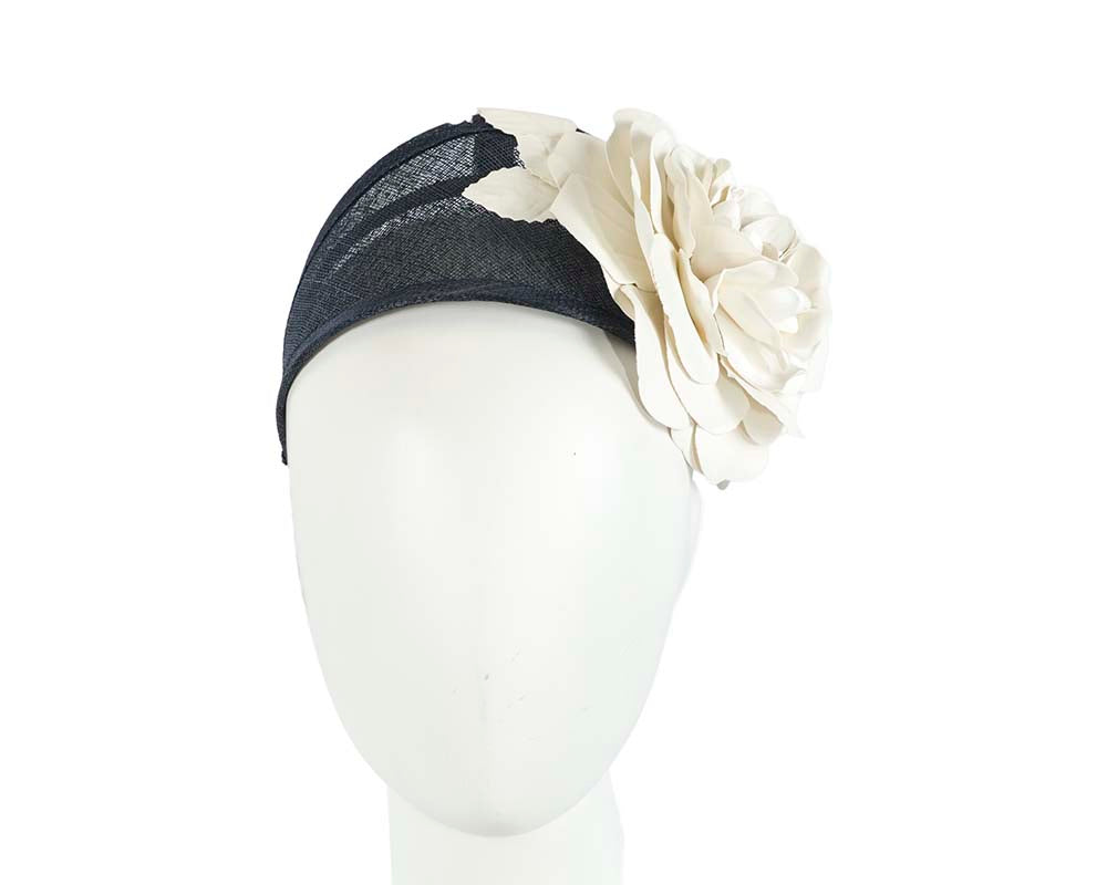 Wide navy and cream leather rose headband fascinator by Max Alexander-0