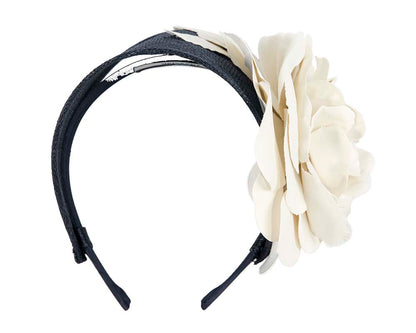 Wide navy and cream leather rose headband fascinator by Max Alexander-1