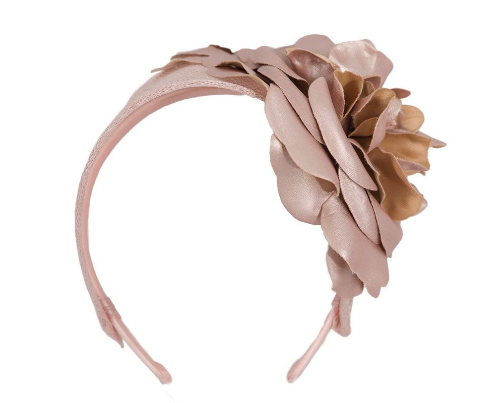 Wide rose gold leather rose headband fascinator by Max Alexander-1