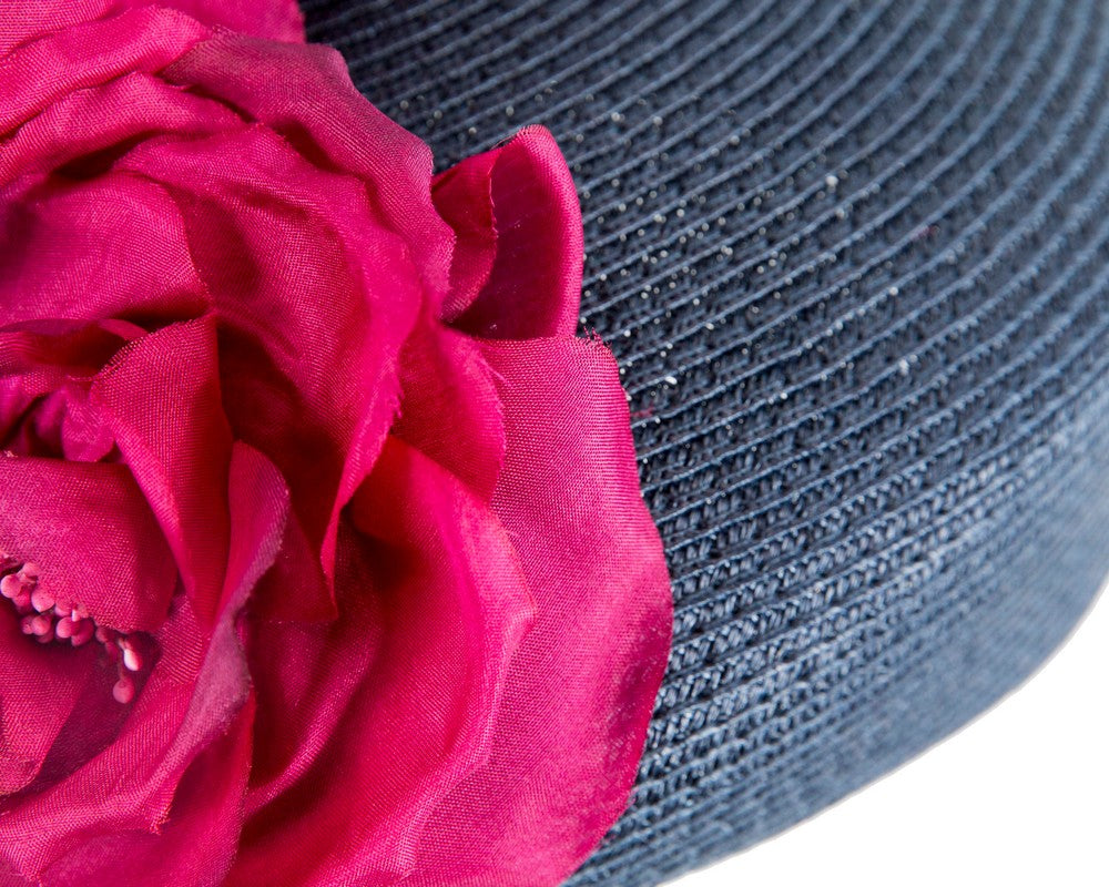 Modern navy beret hat with fuchsia flowers by Max Alexander-4