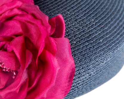 Modern navy beret hat with fuchsia flowers by Max Alexander-4