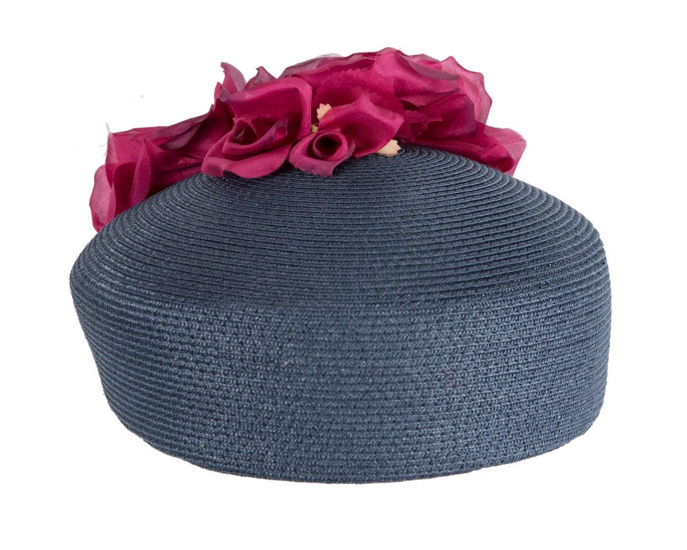 Modern navy beret hat with fuchsia flowers by Max Alexander-2