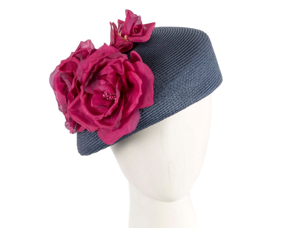 Modern navy beret hat with fuchsia flowers by Max Alexander-0