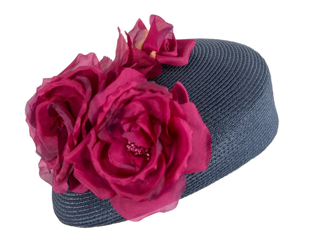 Modern navy beret hat with fuchsia flowers by Max Alexander-1