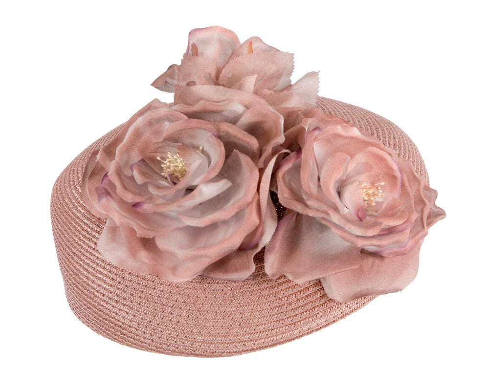 Modern taupe beret hat with flowers by Max Alexander-3