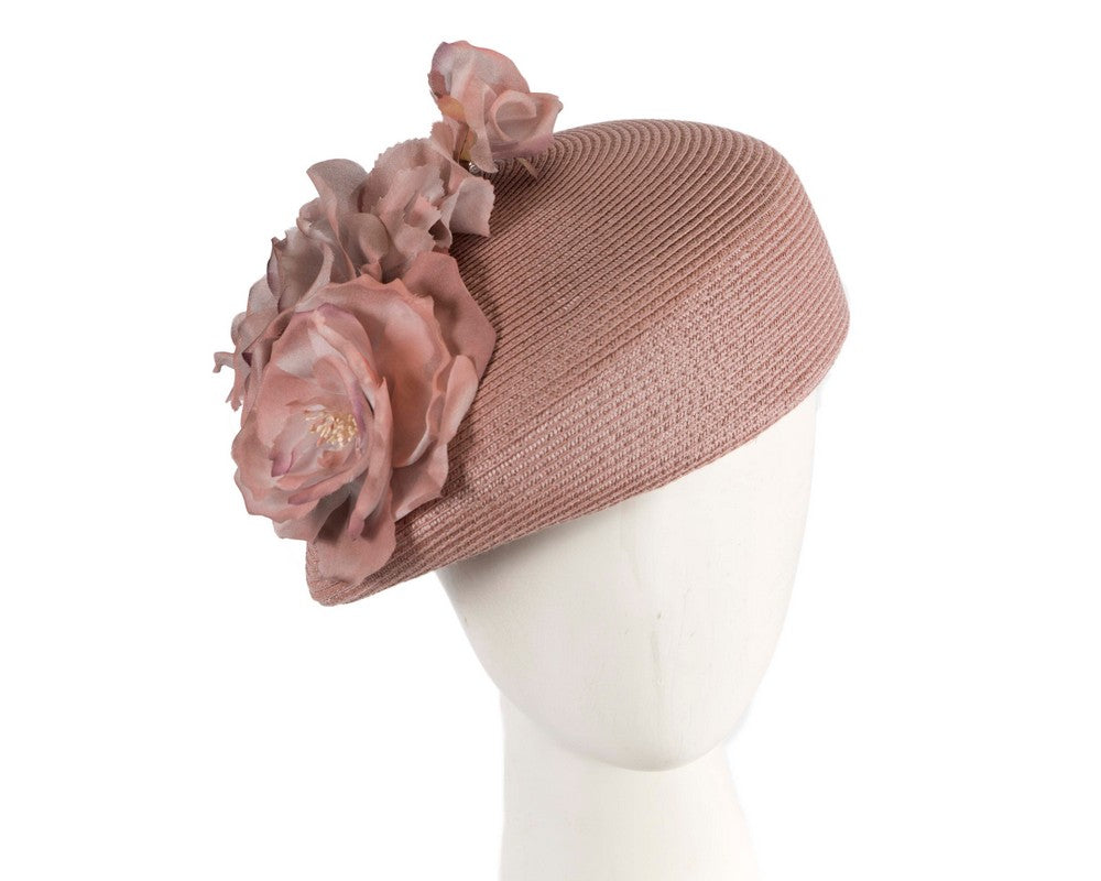 Modern taupe beret hat with flowers by Max Alexander-0