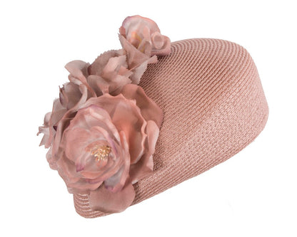 Modern taupe beret hat with flowers by Max Alexander-1