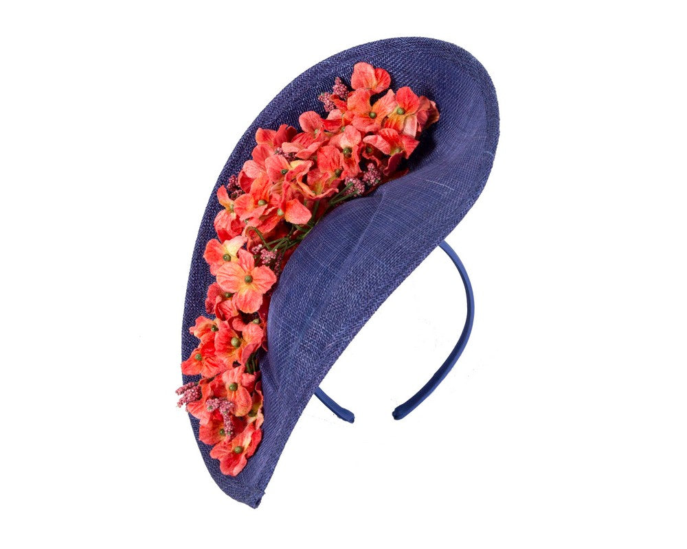 Large royal blue & coral fascinator by Max Alexander-1
