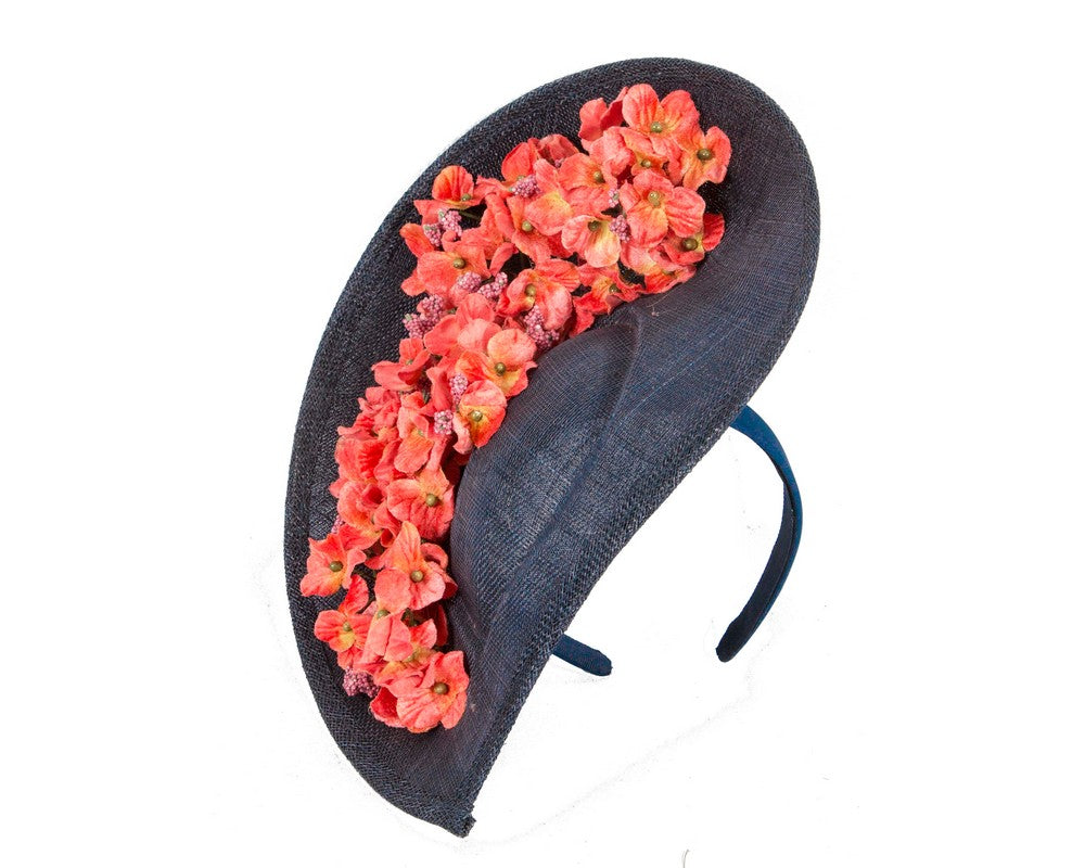 Large navy & coral fascinator by Max Alexander-1