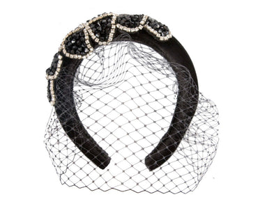 Black headband with face veil by Max Alexander