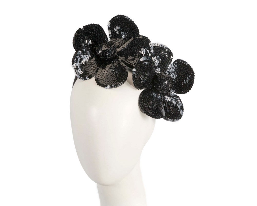 Shiny black flower fascinator by Max Alexander-0