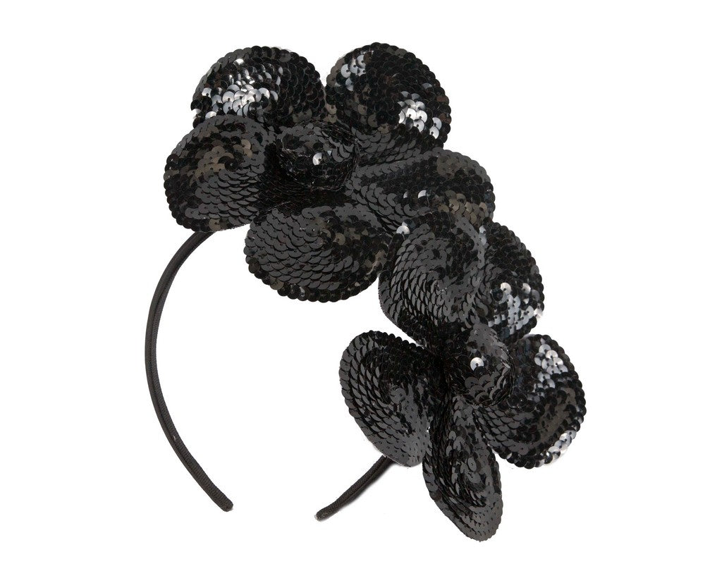 Shiny black flower fascinator by Max Alexander-1