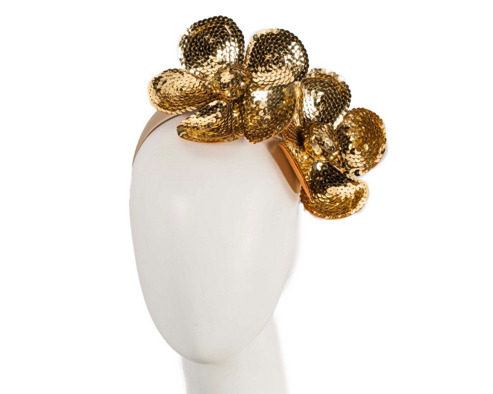 Shiny gold flower fascinator by Max Alexander-0