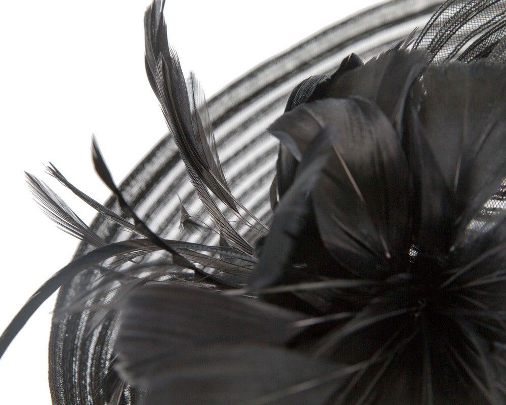 Large black fascinator with feather flower