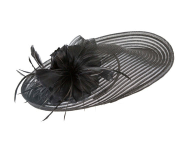 Large black fascinator with feather flower