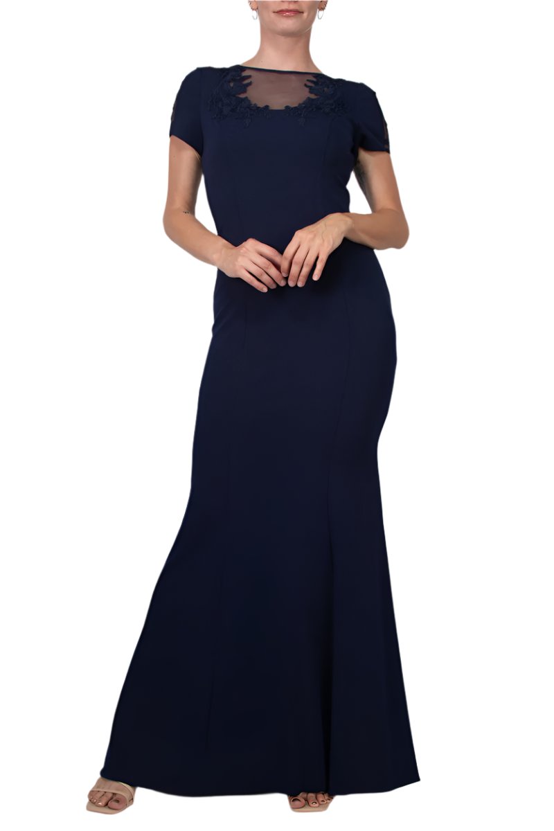 Aidan Mattox Illusion Embellished Crew Neck Short Sleeve Trumpet Keyhole Back Concealed Zipper Back Crepe Gown-1