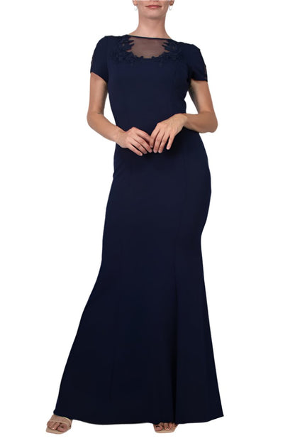 Aidan Mattox Illusion Embellished Crew Neck Short Sleeve Trumpet Keyhole Back Concealed Zipper Back Crepe Gown-1