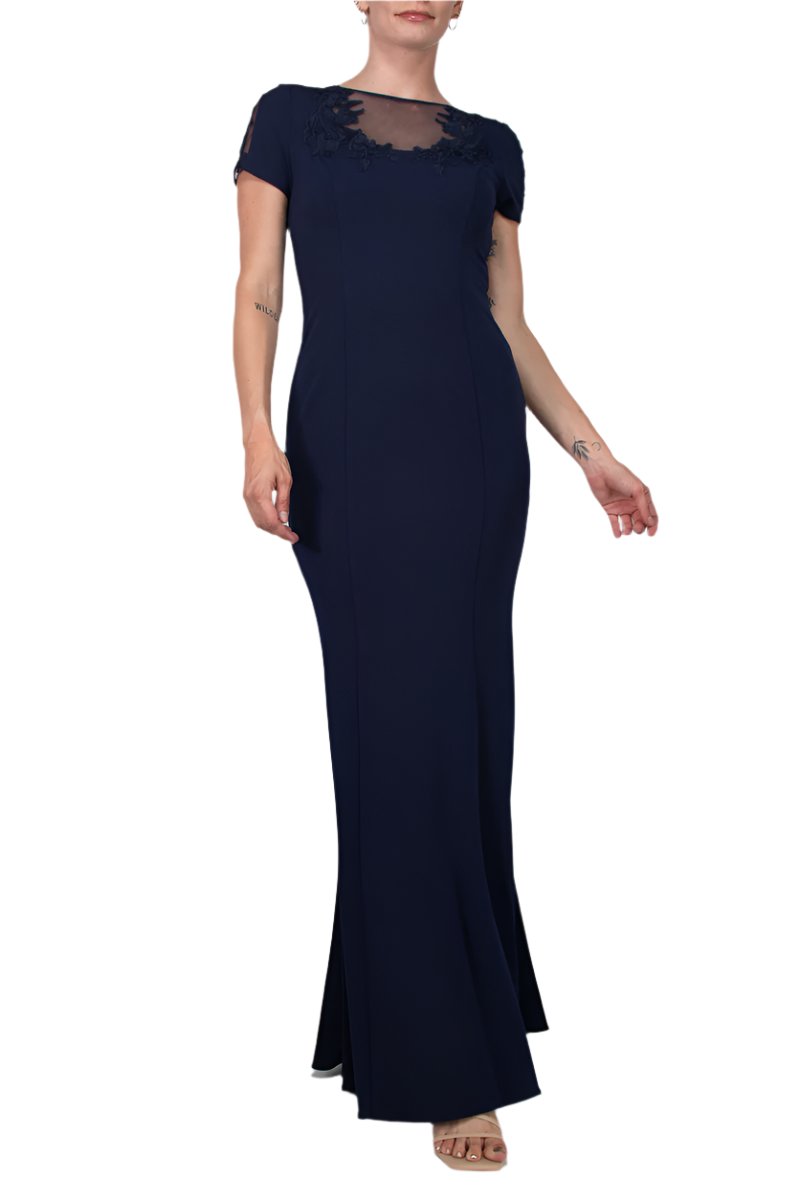 Aidan Mattox Illusion Embellished Crew Neck Short Sleeve Trumpet Keyhole Back Concealed Zipper Back Crepe Gown-0