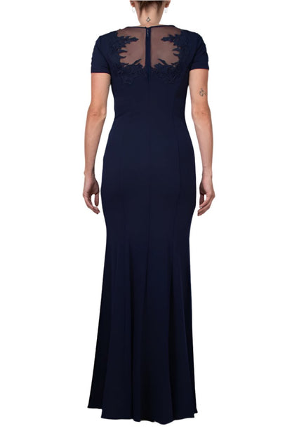 Aidan Mattox Illusion Embellished Crew Neck Short Sleeve Trumpet Keyhole Back Concealed Zipper Back Crepe Gown-3