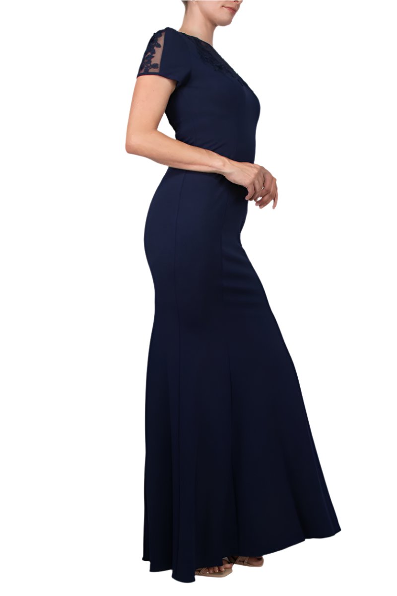 Aidan Mattox Illusion Embellished Crew Neck Short Sleeve Trumpet Keyhole Back Concealed Zipper Back Crepe Gown-2