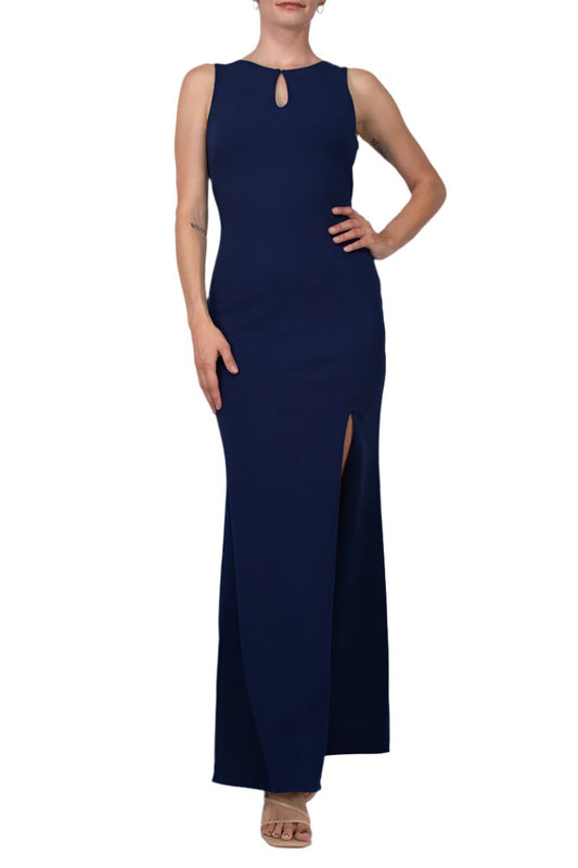 Aidan Mattox Keyhole Neck Sleeveless Beaded Sequin Rhinestone Back Keyhole Front Zipper Side Stretch Crepe Dress-0