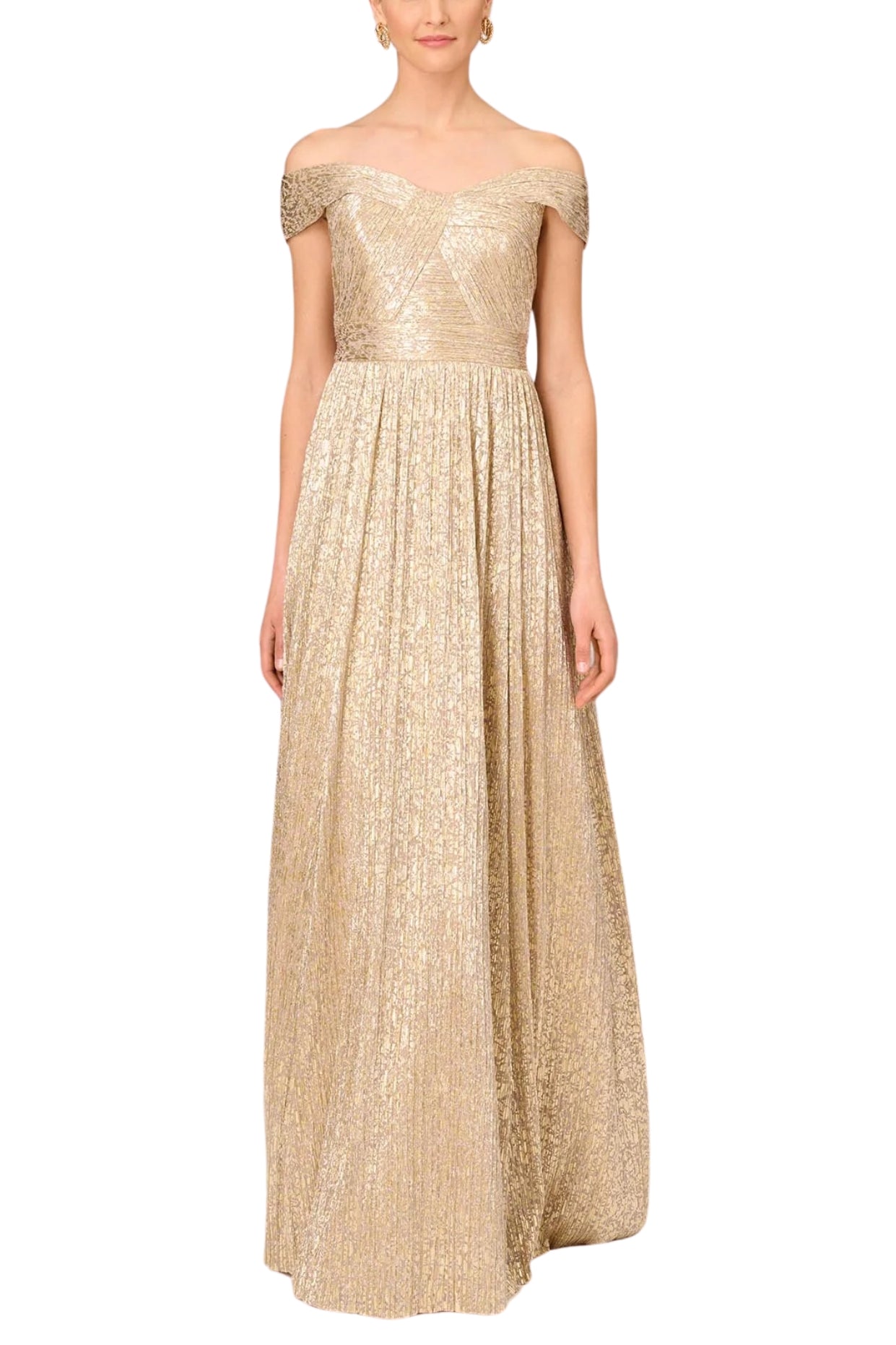 Aidan Mattox Off The Shoulder Metallic Foiled Pleated Mesh Long A-Line Ball Gown Dress-0