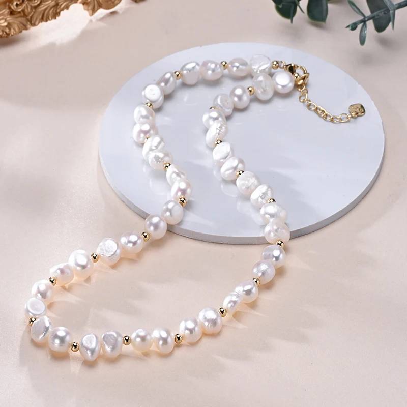 Designer Genuine White Freshwater Pearl Necklace in Gold-1