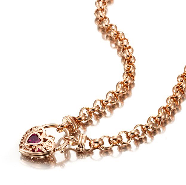 18ct Heavy Rose Gold Plated 6mm Belcher Chain Necklace with a Filigree Locket Featuring a Simulated Ruby - USA Made-1