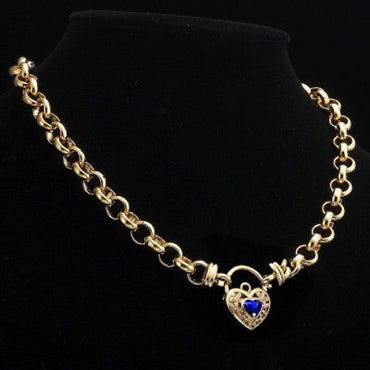 18ct Heavy Yellow Gold Plated 10mm Belcher Chain Necklace with a Dark Blue Filigree Locket-1