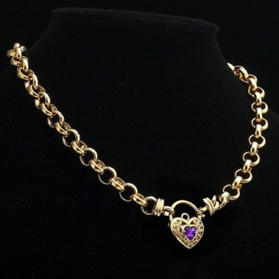 18ct Heavy Yellow Gold Plated 10mm Belcher Chain Necklace with a Purple Filigree Locket-1