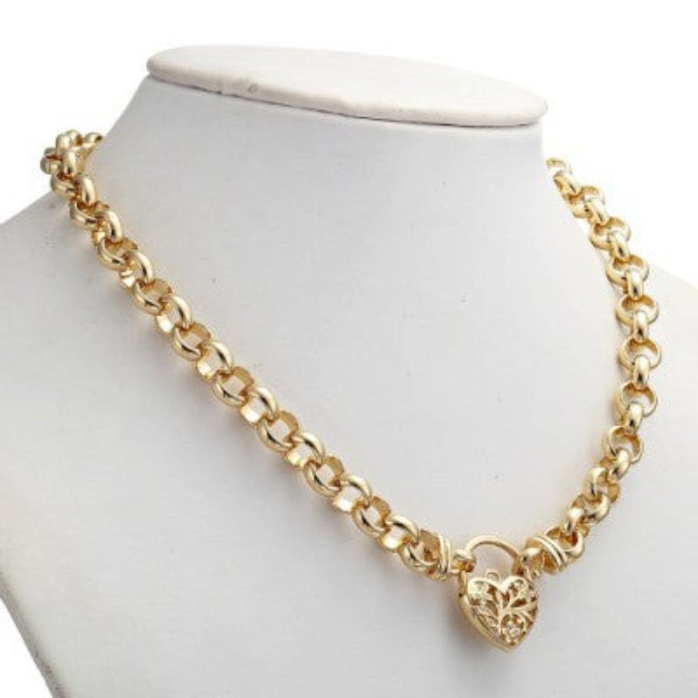 18ct Heavy Yellow Gold Plated Belcher Chain Necklace with a Filigree Locket - USA Made-4