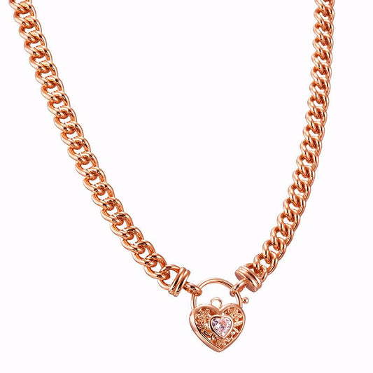 18ct Heavy Rose Gold Plated Euro Chain Necklace with a Filigree Locket Featuring a Simulated Diamond - USA Made-0