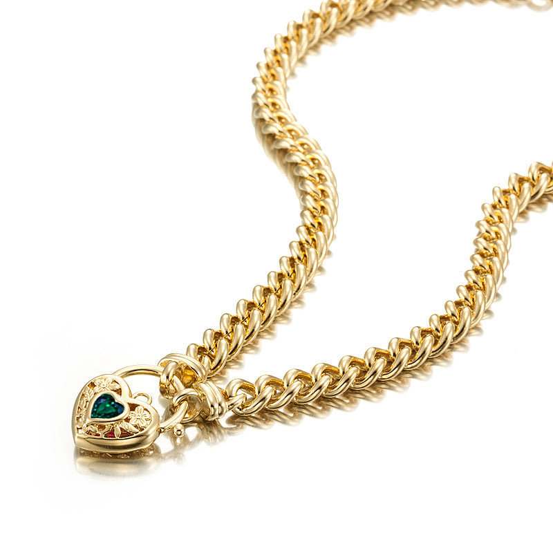 18ct Heavy Yellow Gold Plated Euro Chain Necklace with a Green Filigree Locket - USA Made-0